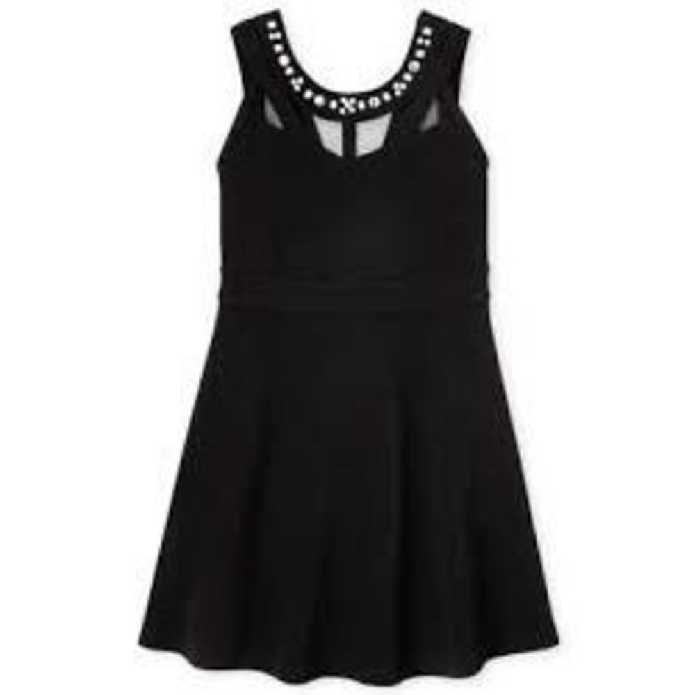 Girls Jeweled Stretch Jacquard Dress - Black w Rhinestones